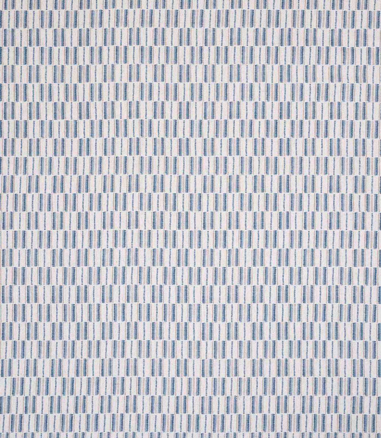 Contemporary upholstery fabric with a small-scale woven pattern of vertical blue stripes on a soft neutral ground.