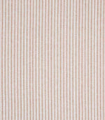 Woven ticking stripe fabric with fine vertical lines in warm coral and soft neutral tones on a light background, featuring a subtle herringbone texture and a classic, relaxed feel.