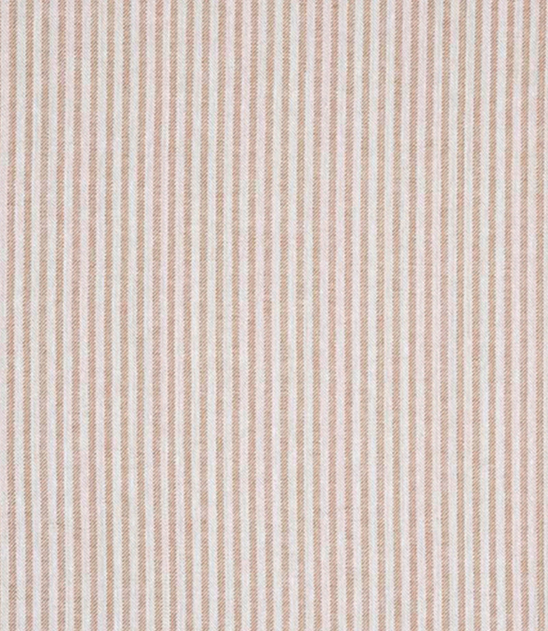 Woven ticking stripe fabric with fine vertical lines in warm coral and soft neutral tones on a light background, featuring a subtle herringbone texture and a classic, relaxed feel.