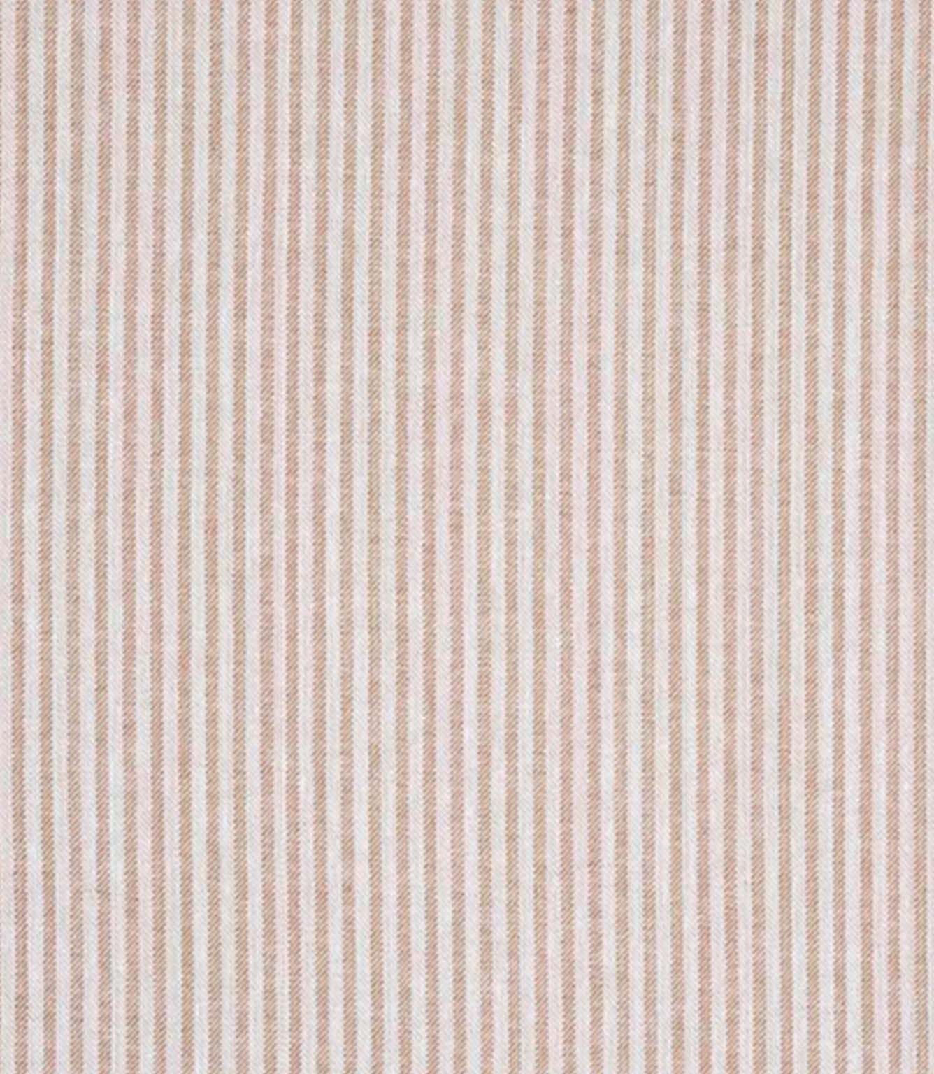 Woven ticking stripe fabric with fine vertical lines in warm coral and soft neutral tones on a light background, featuring a subtle herringbone texture and a classic, relaxed feel.