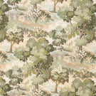 All-over landscape pattern fabric with detailed green and olive foliage, hints of soft brown and beige, depicting trees and water in a calm, nature-inspired palette.