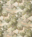 All-over landscape pattern fabric with detailed green and olive foliage, hints of soft brown and beige, depicting trees and water in a calm, nature-inspired palette.