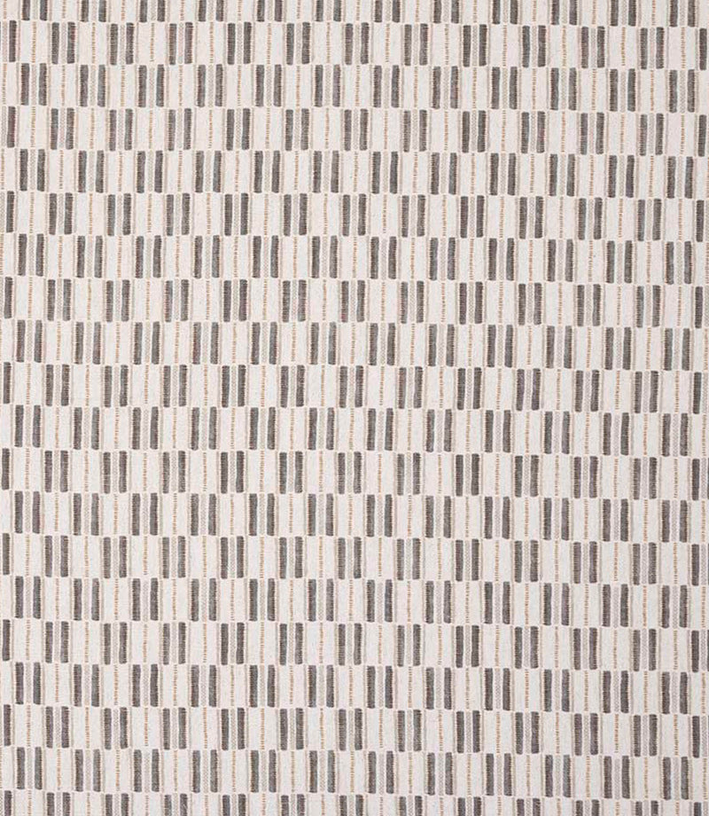 Contemporary upholstery fabric with a small-scale woven check pattern, featuring soft grey stripes on a neutral ground.