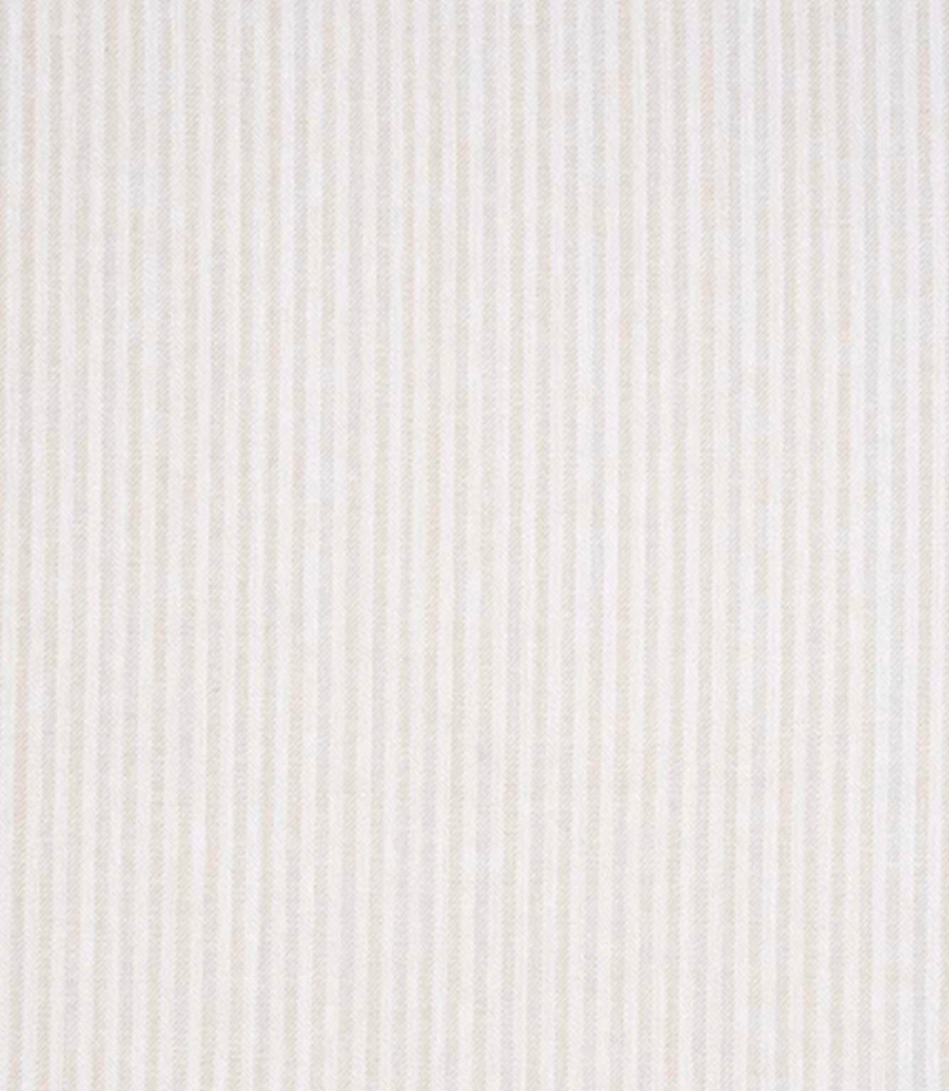 Woven ticking stripe fabric with delicate vertical lines in soft cream and off-white tones, creating a gentle, tonal look with a lightly textured, understated finish.