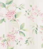 Striped floral designer fabric with soft sage green foliage and delicate blush pink flower clusters on a light neutral background with subtle vertical stripe detailing.