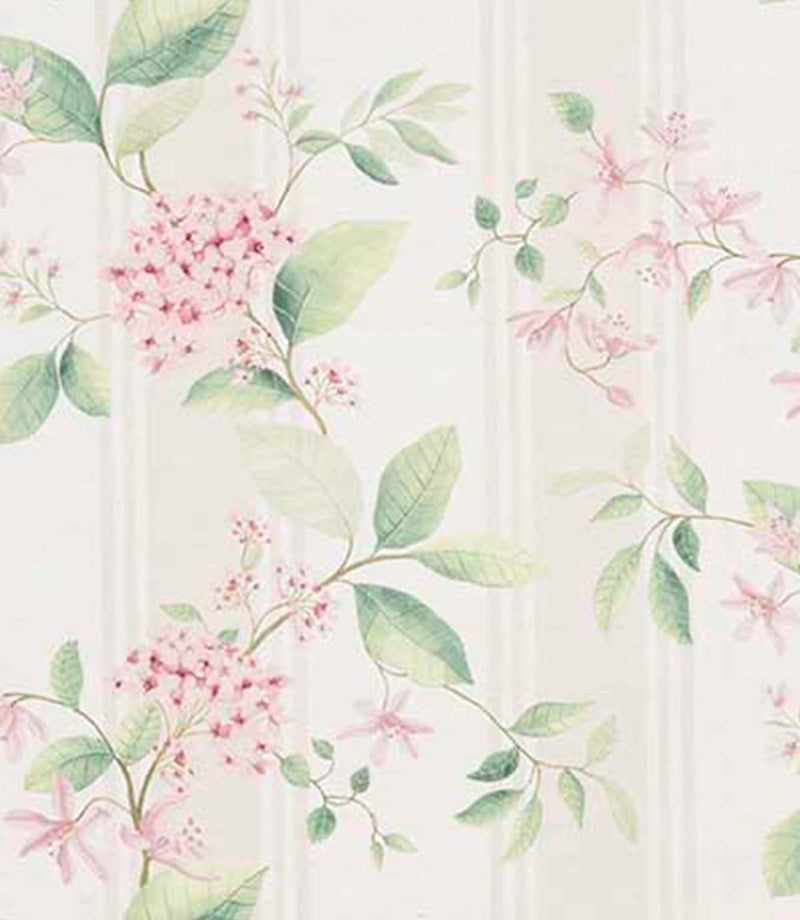 Striped floral designer fabric with soft sage green foliage and delicate blush pink flower clusters on a light neutral background with subtle vertical stripe detailing.