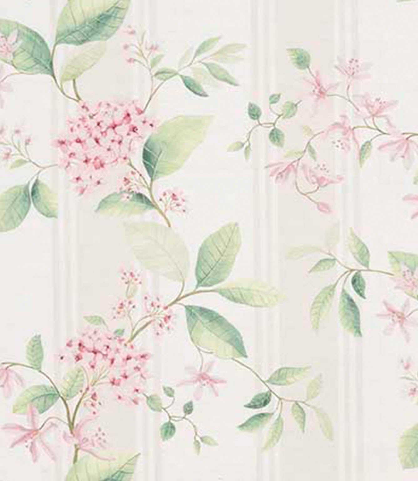 Striped floral designer fabric with soft sage green foliage and delicate blush pink flower clusters on a light neutral background with subtle vertical stripe detailing.