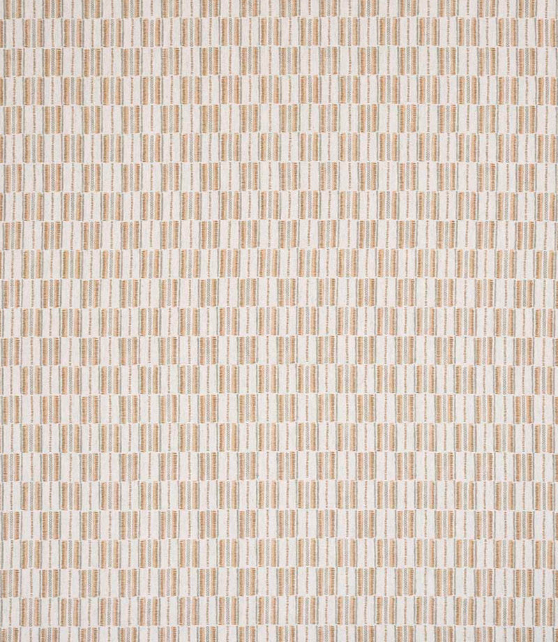 Contemporary check upholstery fabric with a small-scale geometric pattern in warm neutral tones, evenly spaced linear detailing on a light woven background.