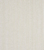 Woven ticking stripe fabric with narrow vertical lines in muted green and warm neutral tones on a pale background, offering a natural, easygoing look with soft texture.