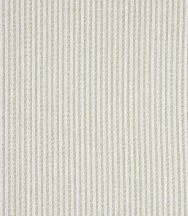 Woven ticking stripe fabric with narrow vertical lines in muted green and warm neutral tones on a pale background, offering a natural, easygoing look with soft texture.