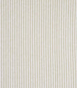 Woven ticking stripe fabric with narrow vertical lines in muted green and warm neutral tones on a pale background, offering a natural, easygoing look with soft texture.