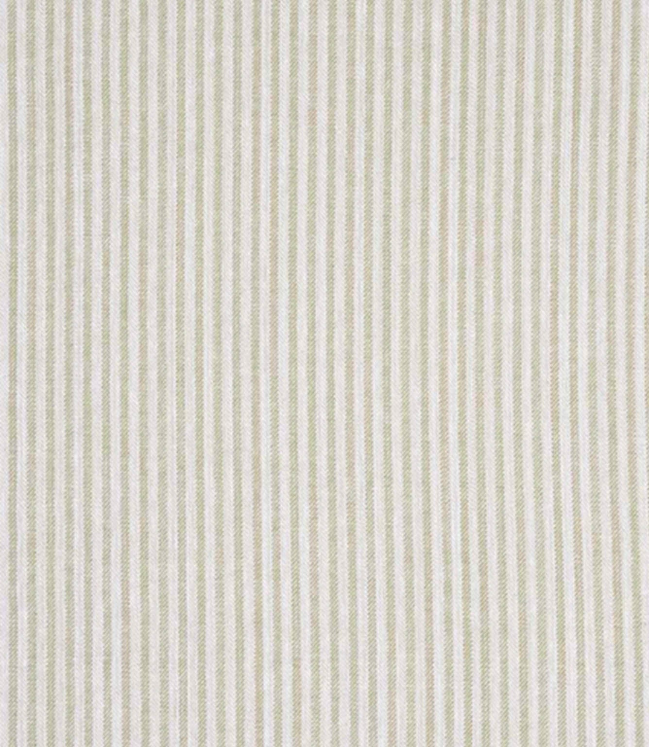 Woven ticking stripe fabric with narrow vertical lines in muted green and warm neutral tones on a pale background, offering a natural, easygoing look with soft texture.