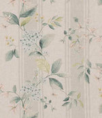 Striped designer fabric with soft sage green and muted teal foliage, delicate pale blue and blush floral clusters, set on a warm neutral beige background with subtle vertical stripe detailing.