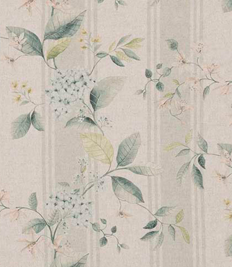 Striped designer fabric with soft sage green and muted teal foliage, delicate pale blue and blush floral clusters, set on a warm neutral beige background with subtle vertical stripe detailing.