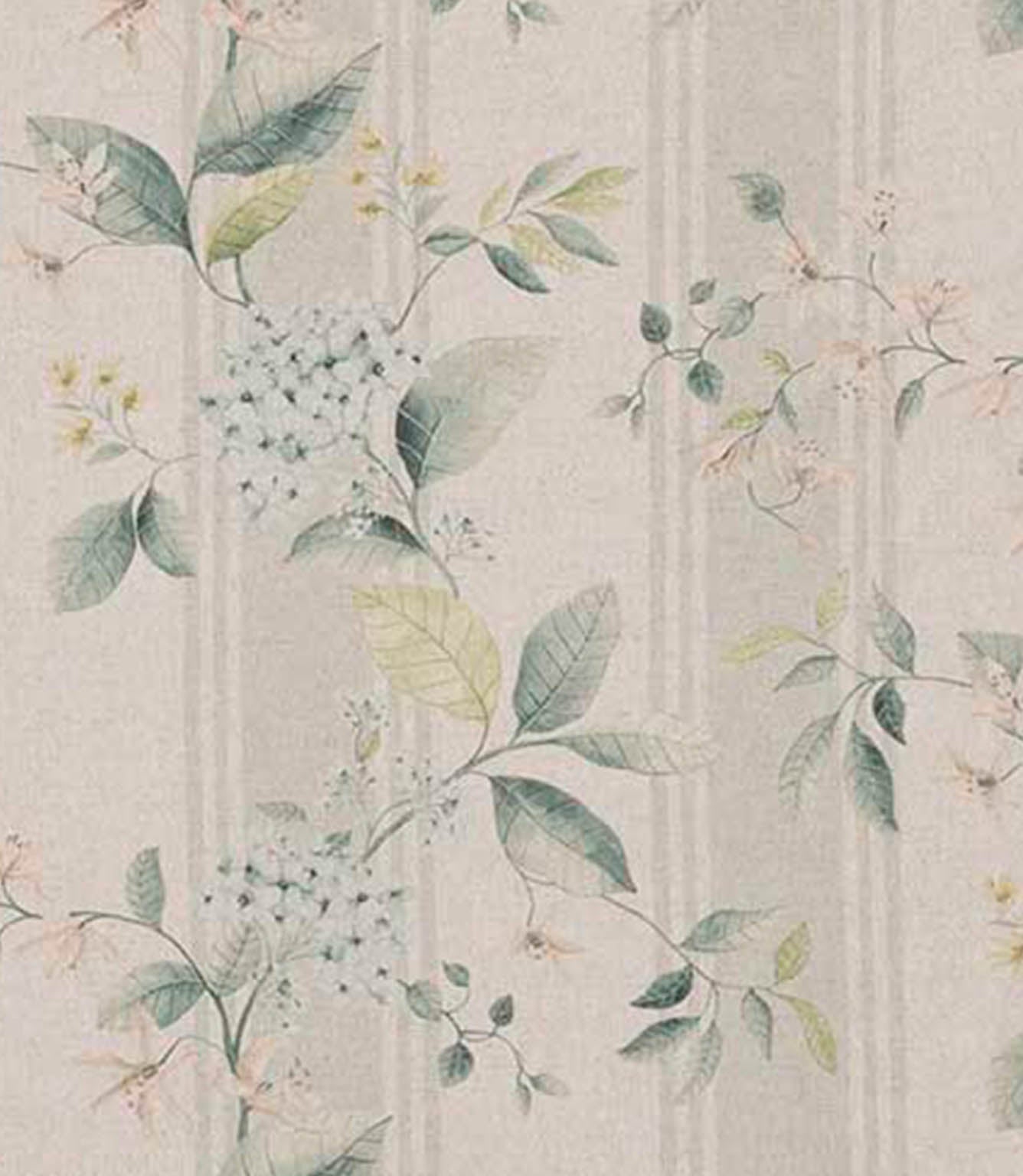 Striped designer fabric with soft sage green and muted teal foliage, delicate pale blue and blush floral clusters, set on a warm neutral beige background with subtle vertical stripe detailing.