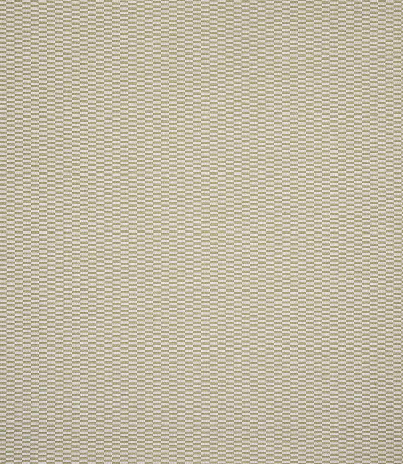 Detailed view of plain woven fabric with a fine, repeating check design in muted green and ivory shades, showing gentle texture and structured weave.
