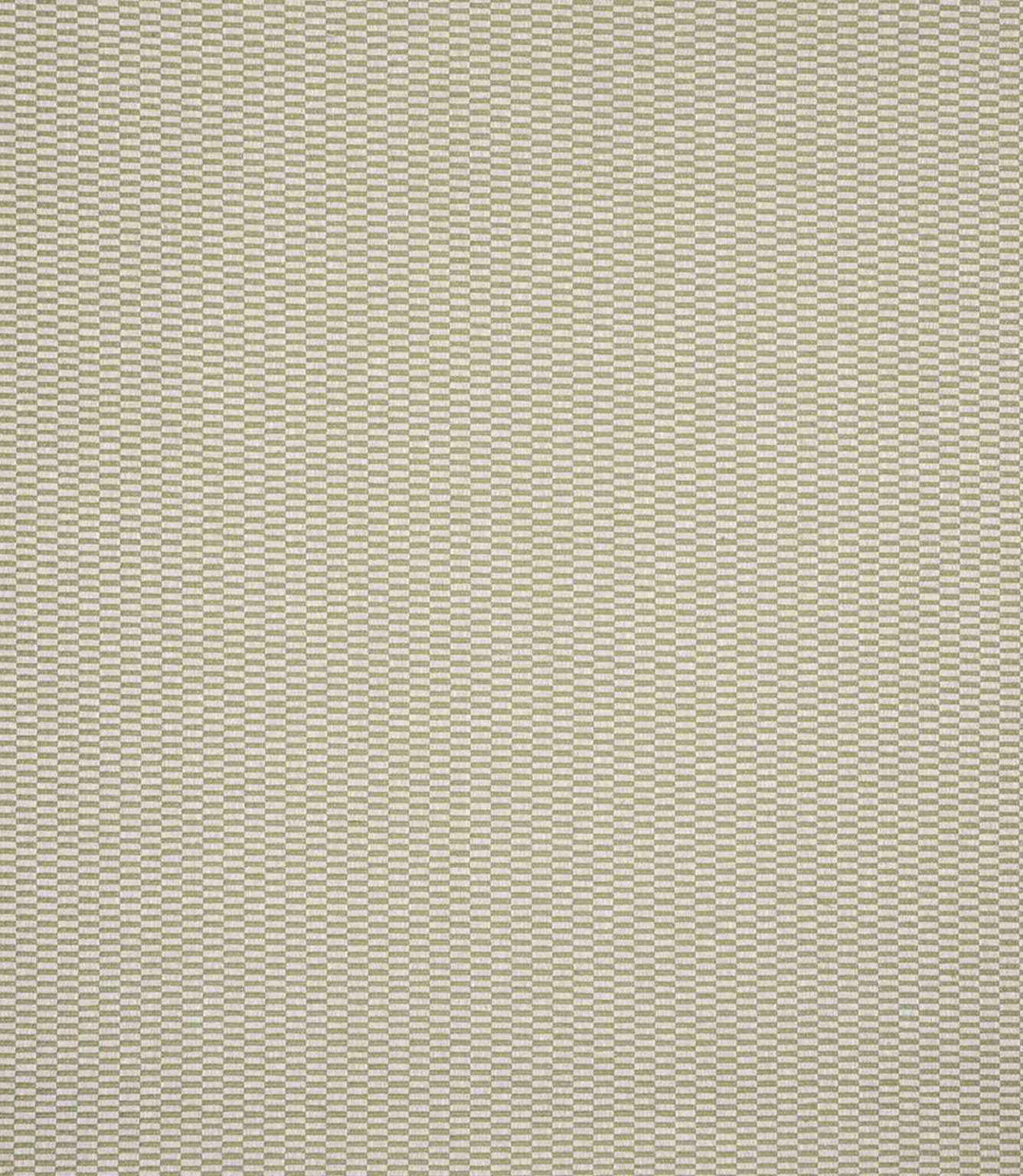 Detailed view of plain woven fabric with a fine, repeating check design in muted green and ivory shades, showing gentle texture and structured weave.