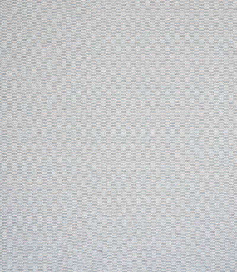 Detailed view of plain woven fabric showing a fine, repeating check design in light blue and ivory shades, with a gently structured weave and delicate variation.