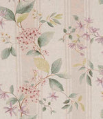 Designer fabric with delicate pink floral clusters and soft lilac blossoms, paired with muted green foliage on a warm beige background with subtle vertical stripe detailing.