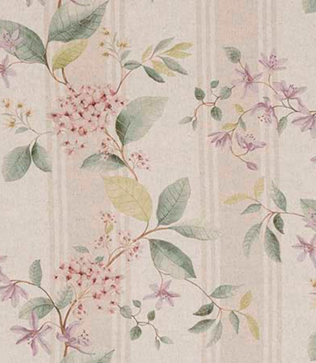 Designer fabric with delicate pink floral clusters and soft lilac blossoms, paired with muted green foliage on a warm beige background with subtle vertical stripe detailing.