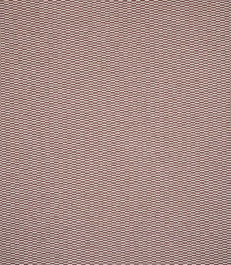 Detailed view of plain woven fabric with a fine, repeating check design in earthy terracotta and ivory shades, showing a structured weave and subtle variation.