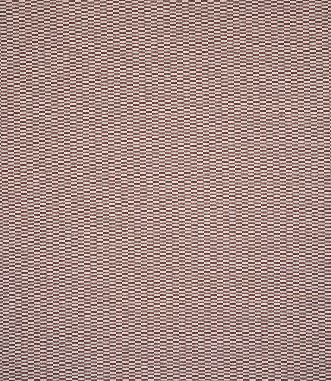 Detailed view of plain woven fabric with a fine, repeating check design in earthy terracotta and ivory shades, showing a structured weave and subtle variation.