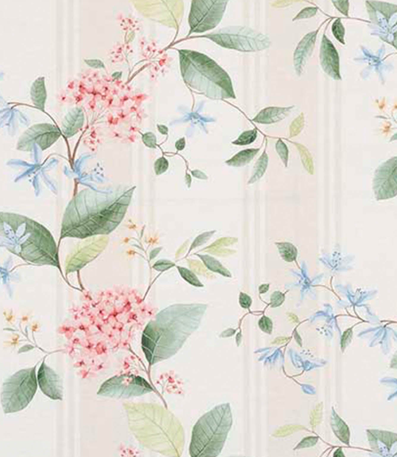 Designer fabric with soft pink floral clusters and delicate blue blossoms, complemented by fresh green foliage on a warm ivory background with subtle beige vertical stripes.
