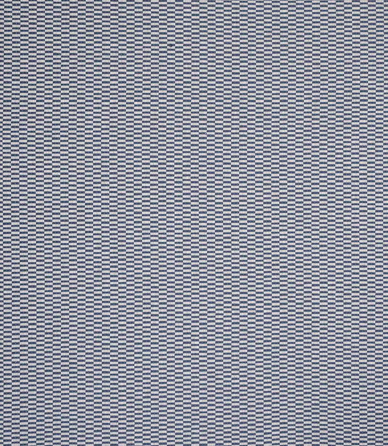 Detailed view of plain woven fabric with a fine, repeating check design in muted navy and cream shades, showing a consistent small-scale pattern and tactile surface.