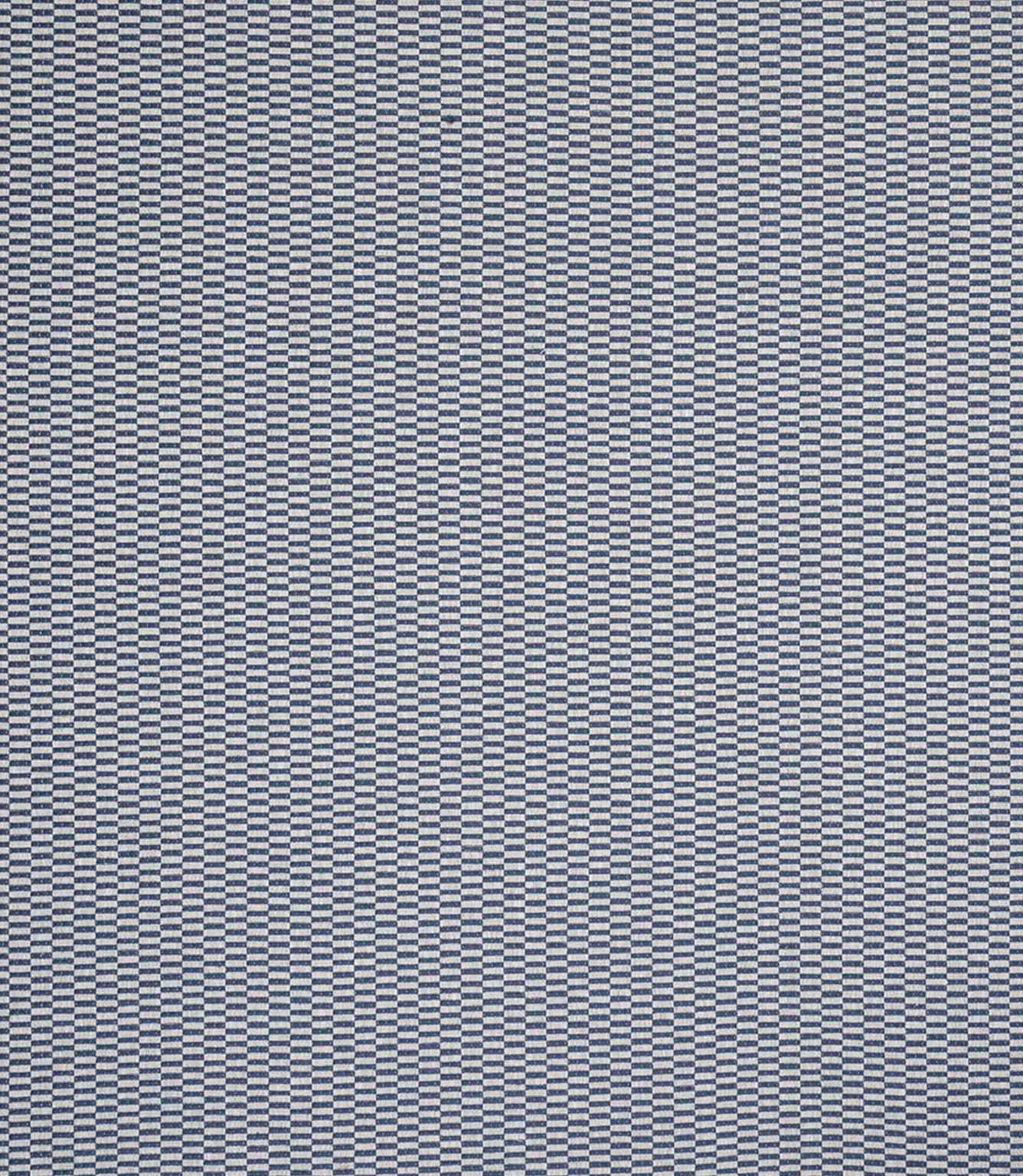Detailed view of plain woven fabric with a fine, repeating check design in muted navy and cream shades, showing a consistent small-scale pattern and tactile surface.