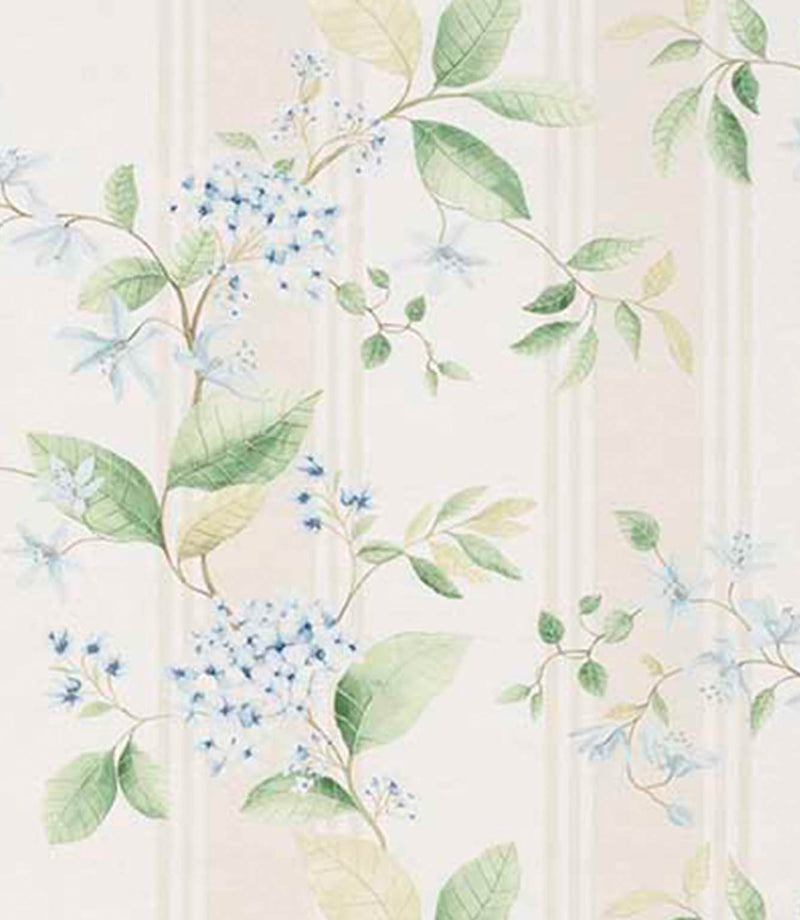 Designer fabric with soft green foliage and delicate white floral clusters on a pale ivory background with subtle light blue vertical stripes.