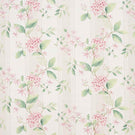 All-over botanical striped fabric featuring fresh green leaves and soft pink blossoms on a pale neutral ground, finished with fine vertical stripe accents.
