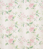 All-over botanical striped fabric featuring fresh green leaves and soft pink blossoms on a pale neutral ground, finished with fine vertical stripe accents.