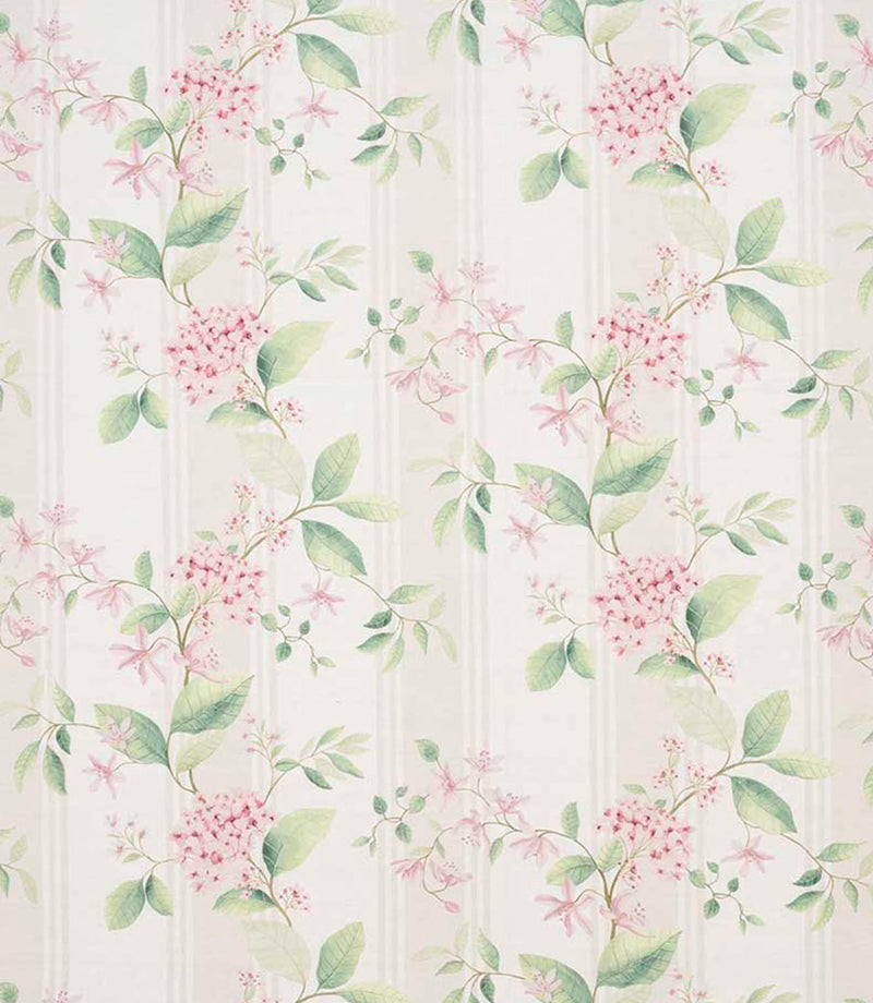 All-over botanical striped fabric featuring fresh green leaves and soft pink blossoms on a pale neutral ground, finished with fine vertical stripe accents.