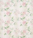 All-over botanical striped fabric featuring fresh green leaves and soft pink blossoms on a pale neutral ground, finished with fine vertical stripe accents.