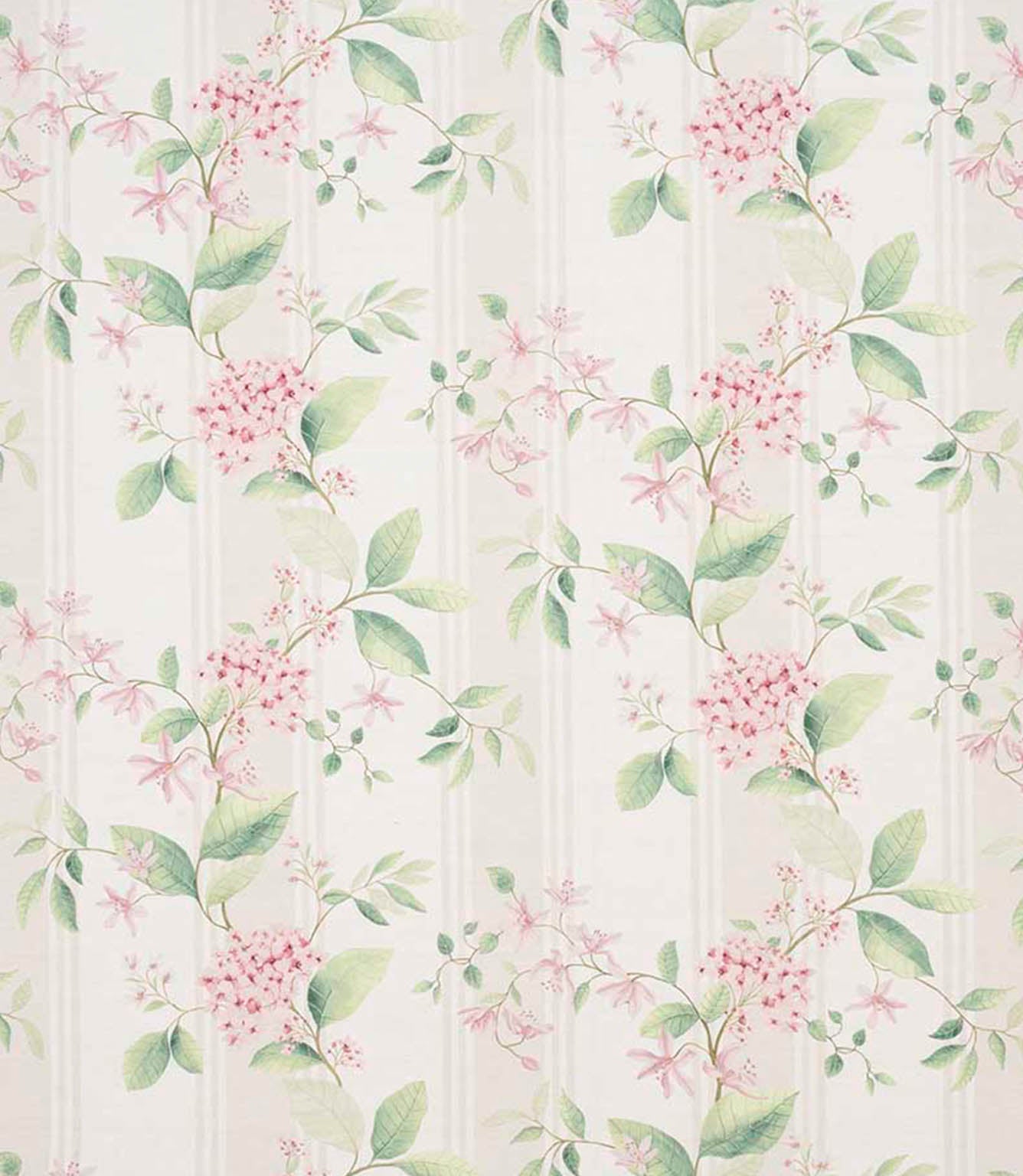 All-over botanical striped fabric featuring fresh green leaves and soft pink blossoms on a pale neutral ground, finished with fine vertical stripe accents.