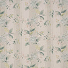 All-over foliage and floral designer fabric featuring sage green leaves, hints of soft blue and blush blossoms on a beige striped ground, creating a light and airy botanical feel.