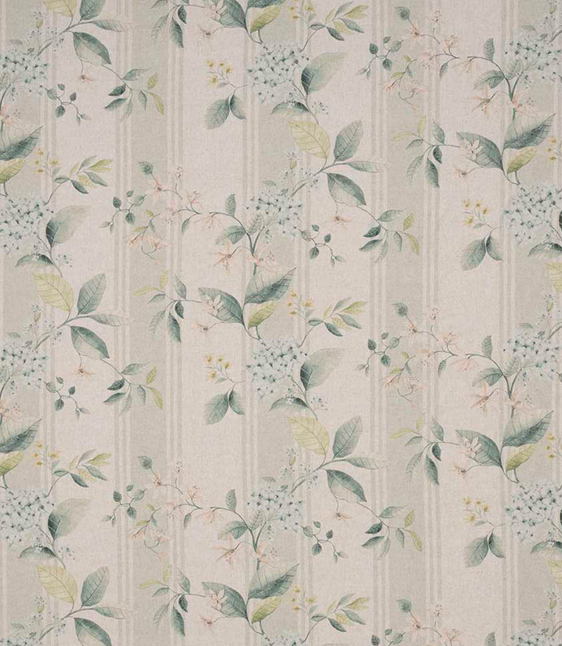 All-over foliage and floral designer fabric featuring sage green leaves, hints of soft blue and blush blossoms on a beige striped ground, creating a light and airy botanical feel.