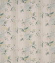 All-over foliage and floral designer fabric featuring sage green leaves, hints of soft blue and blush blossoms on a beige striped ground, creating a light and airy botanical feel.