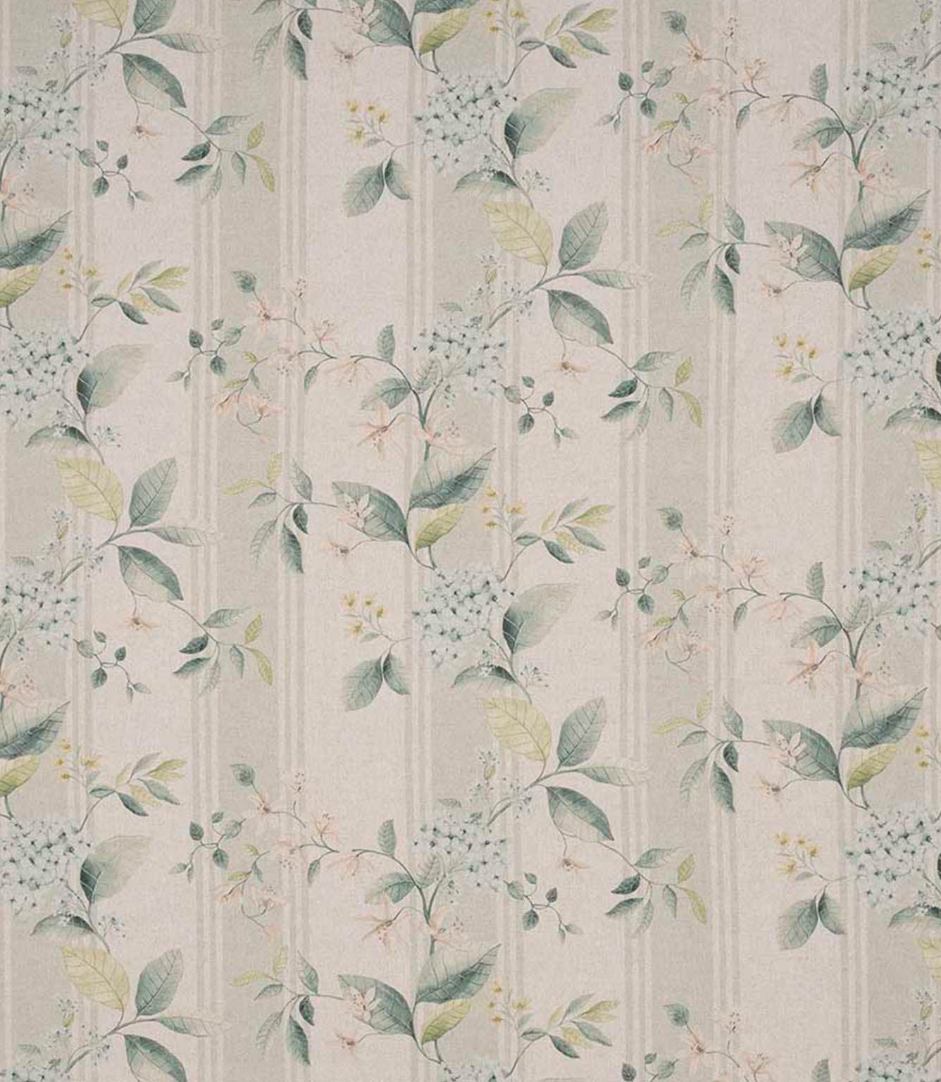 All-over foliage and floral designer fabric featuring sage green leaves, hints of soft blue and blush blossoms on a beige striped ground, creating a light and airy botanical feel.