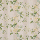All-over striped designer fabric with fresh green leaves and light yellow blossoms on a soft beige ground with fine vertical stripe detailing.
