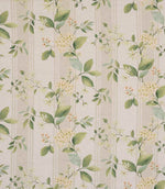 All-over striped designer fabric with fresh green leaves and light yellow blossoms on a soft beige ground with fine vertical stripe detailing.