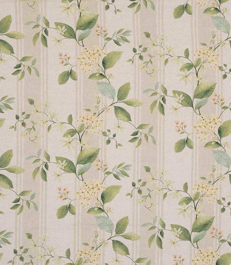 All-over striped designer fabric with fresh green leaves and light yellow blossoms on a soft beige ground with fine vertical stripe detailing.