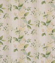 All-over striped designer fabric with fresh green leaves and light yellow blossoms on a soft beige ground with fine vertical stripe detailing.