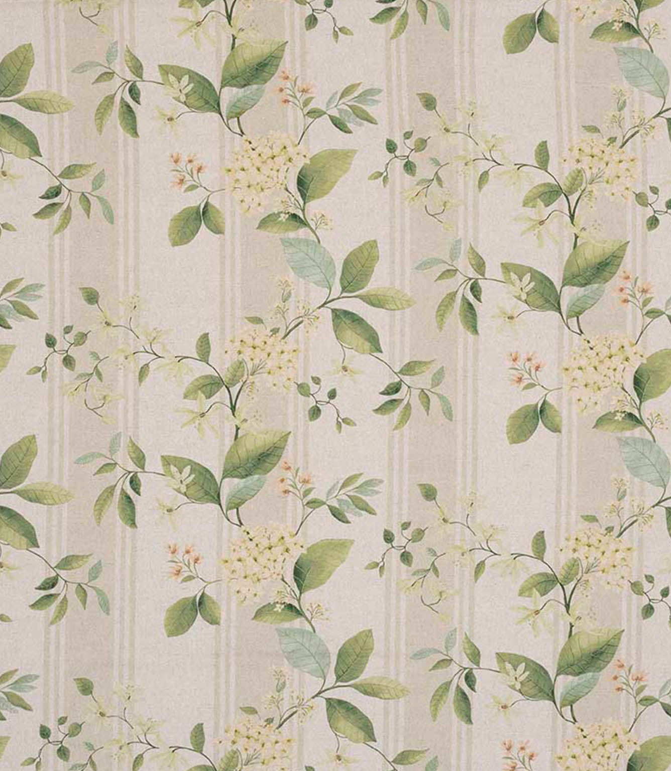 All-over striped designer fabric with fresh green leaves and light yellow blossoms on a soft beige ground with fine vertical stripe detailing.
