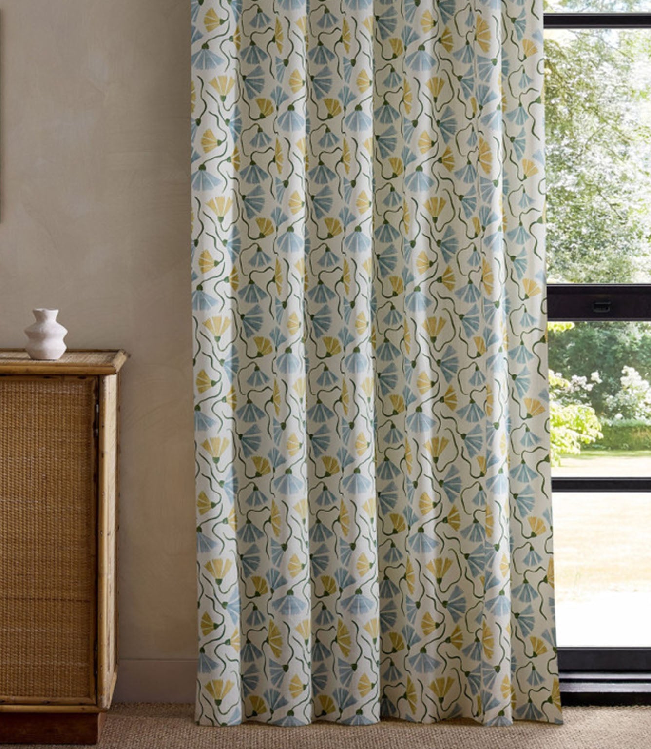 Fringed Poppy Print Fabric / Honey / Cornflower