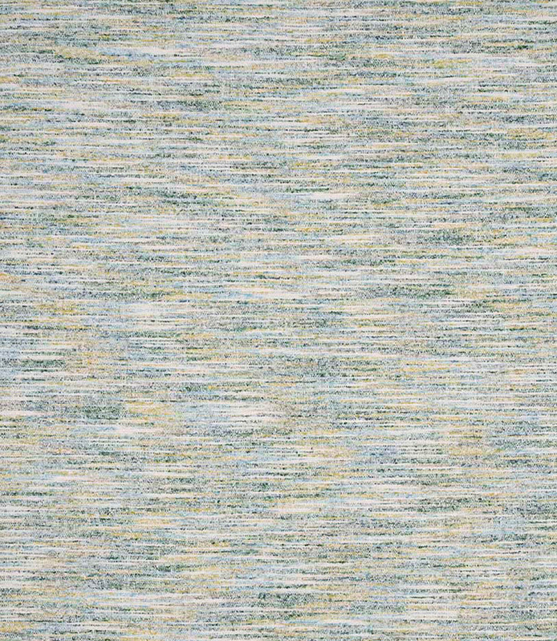 Detailed view of textured woven upholstery fabric showing a fine linear pattern with interwoven sage green, pale blue and creamy neutral tones for a natural, layered look.