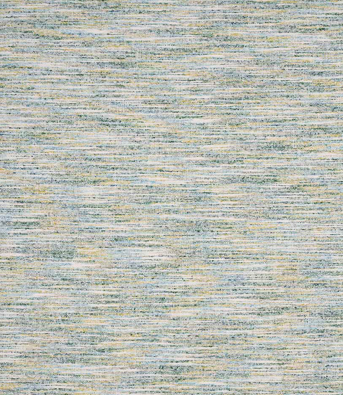Detailed view of textured woven upholstery fabric showing a fine linear pattern with interwoven sage green, pale blue and creamy neutral tones for a natural, layered look.