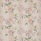 All-over striped floral designer fabric featuring soft pink and lilac flowers with gentle green leaves on a neutral beige ground with fine tonal stripes.
