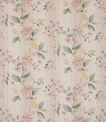 All-over striped floral designer fabric featuring soft pink and lilac flowers with gentle green leaves on a neutral beige ground with fine tonal stripes.
