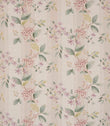 All-over striped floral designer fabric featuring soft pink and lilac flowers with gentle green leaves on a neutral beige ground with fine tonal stripes.